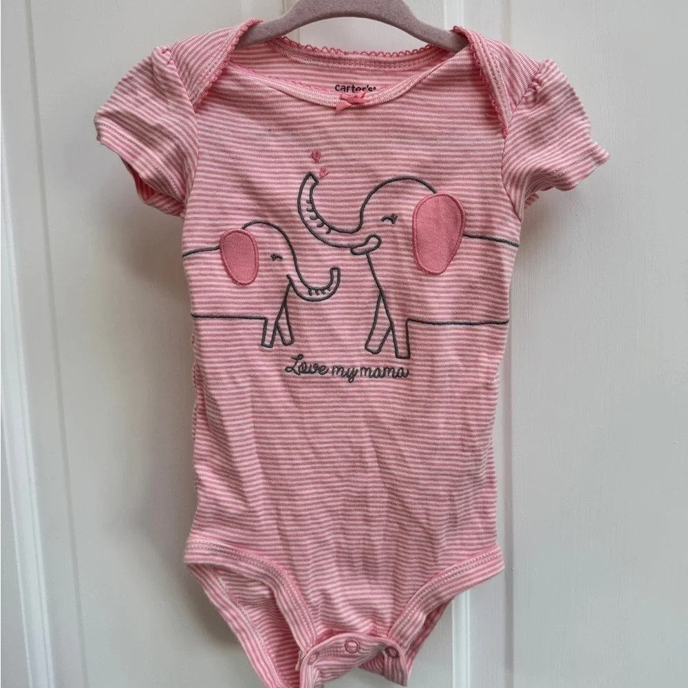 NWOT Carter's 12M Girls Pink Striped Elephant Love My Mama Baby Onesie Bodysuit
